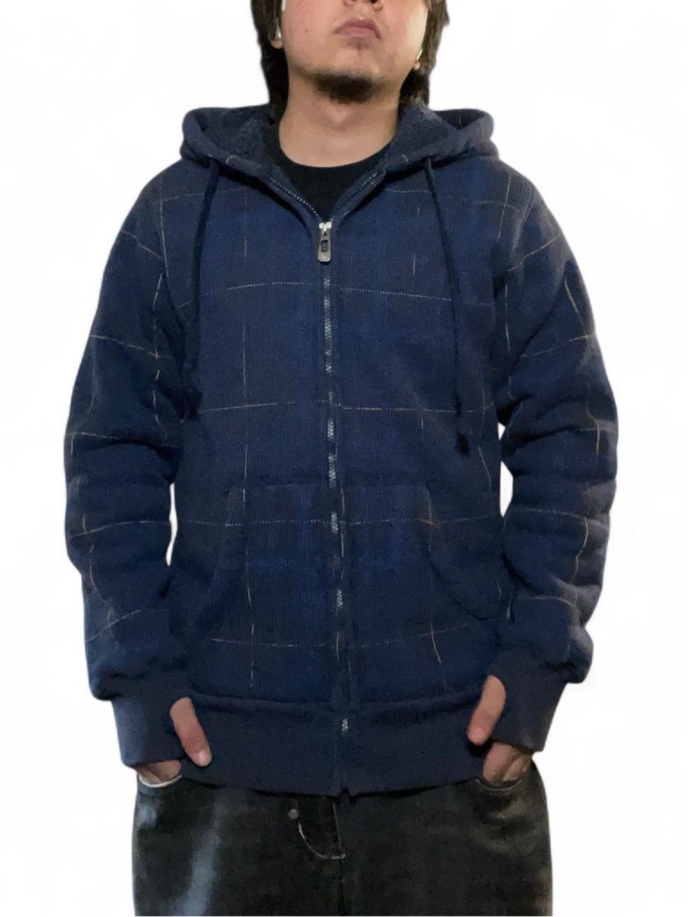 Urban Heritage Fleece-Lined Plaid‎ Waffle Knit Zip-Up Hoodie with Thumbholes
